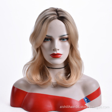 Aishili wholesale gold brown nature water wave kinky straight frontal synthetic wig for women